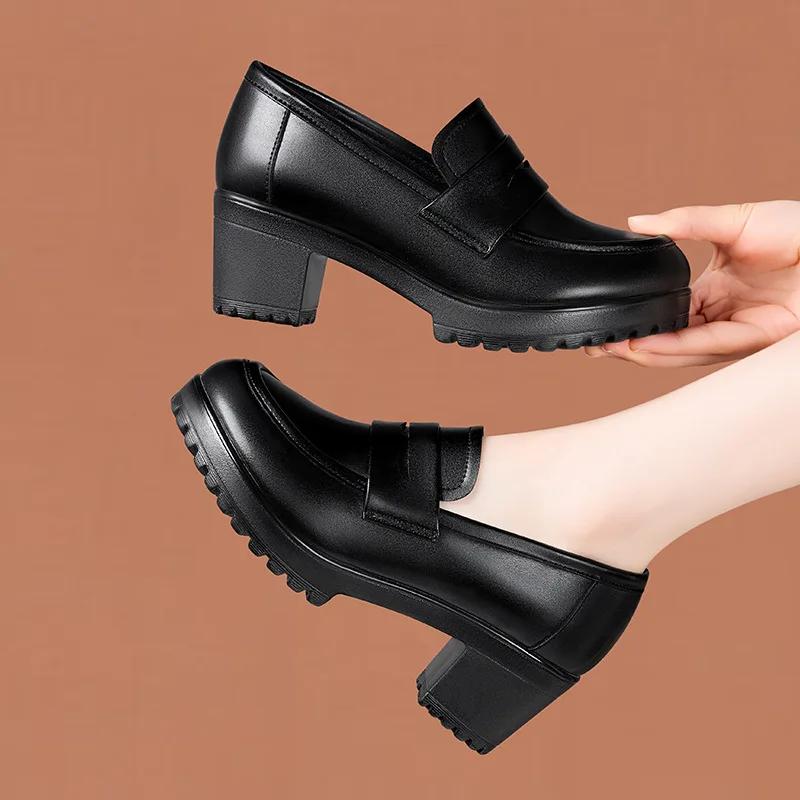 6cm Taglia Piccola 32-43 Stile Britannico Mocassini in Pelle Morbida Scarpe con Tacco Medio a Blocco 2026 Autunno Piattaforma per Ufficio Mamma