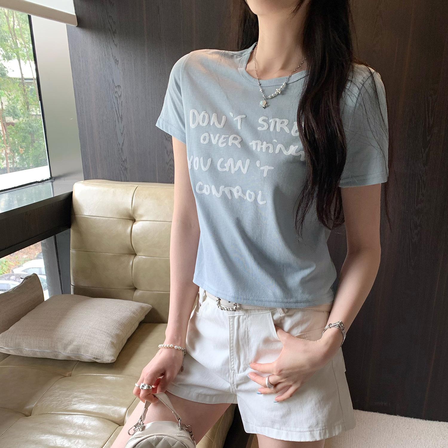 Women s Korean Style Slim Fit Letter Print Short Sleeve Crop Top Large синий