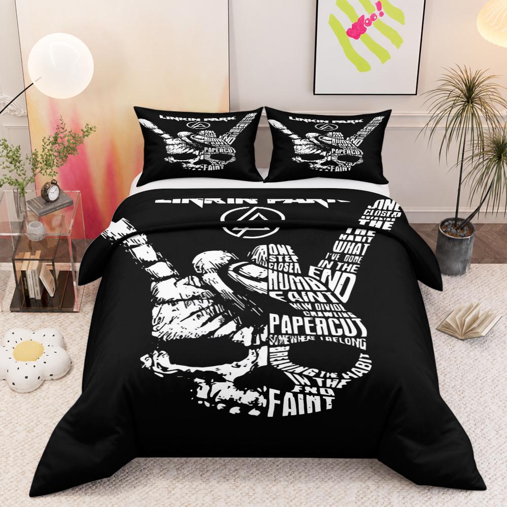 Linkin Park Skull Song Titles Bedding Set with 2 Pillowcases for Home Bedroom Decor