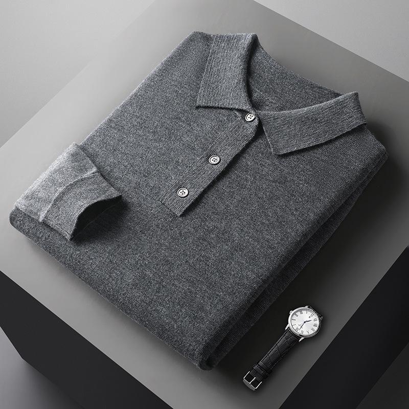 

Men s Fashionable Wool Lapel Shirt: 2024 Autumn/Winter POLO Collar, Loose Solid Color Versatile Sweater Medium темно-сірий
