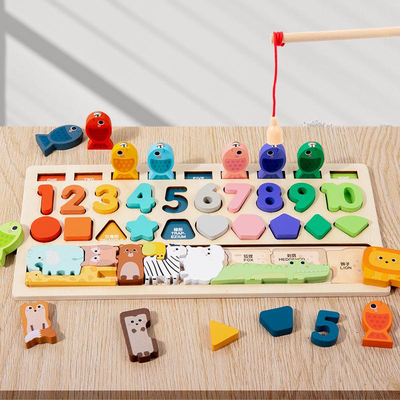 4-in-1 Wooden Animals Numbers Magnetic Fishing Game Digital Shape Cognition Matching Block Preschool Children Educational Toys