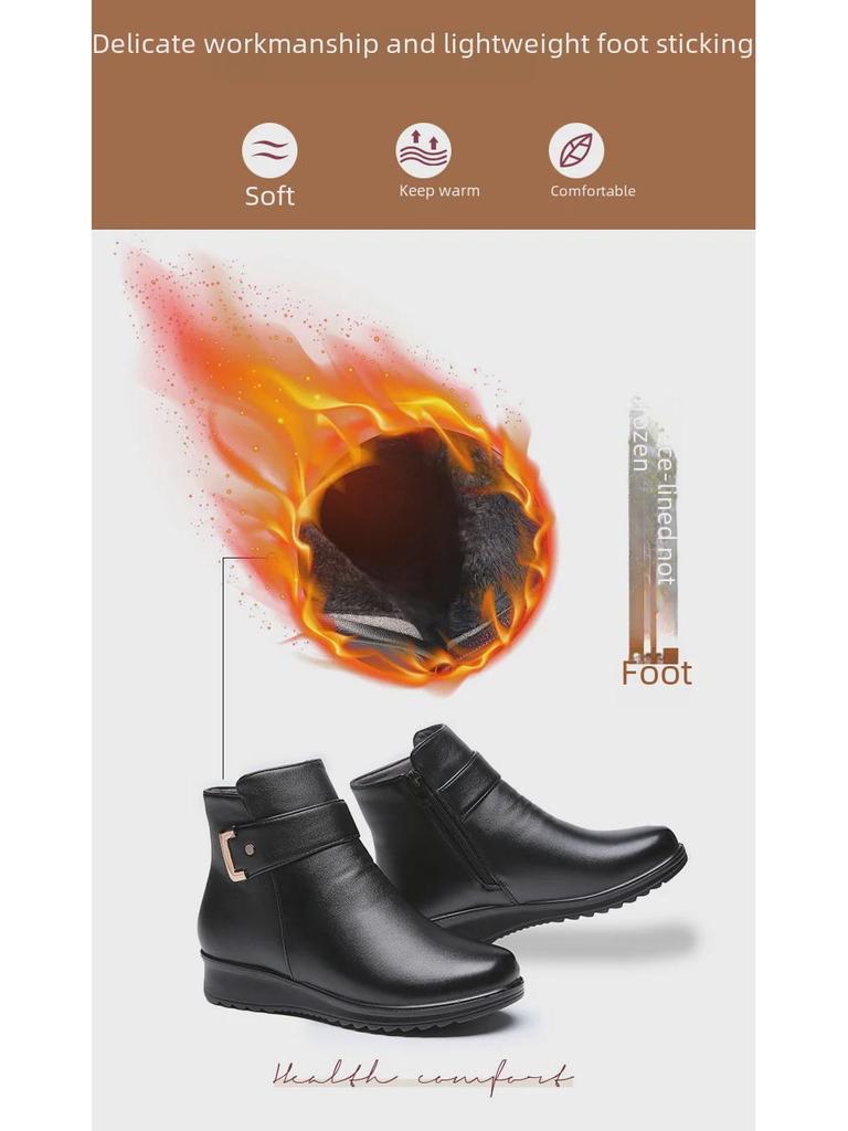 Women's Winter Cotton and Velvet Non-Slip Boots - Warm, Short Leather Footwear for Middle-Aged and Elderly