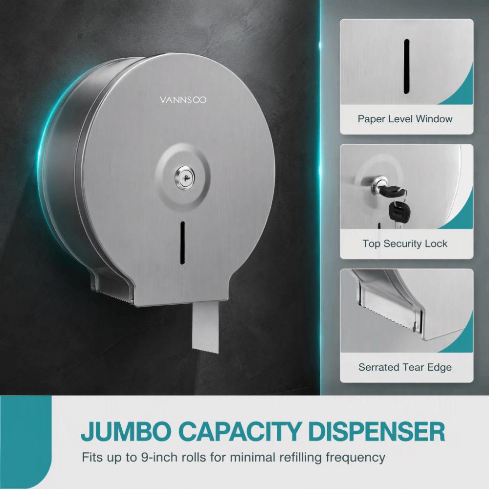 Brushed Finish Toilet Paper Dispenser 9 Inch Roll Jumbo Roll Dispenser  For Commercial Use