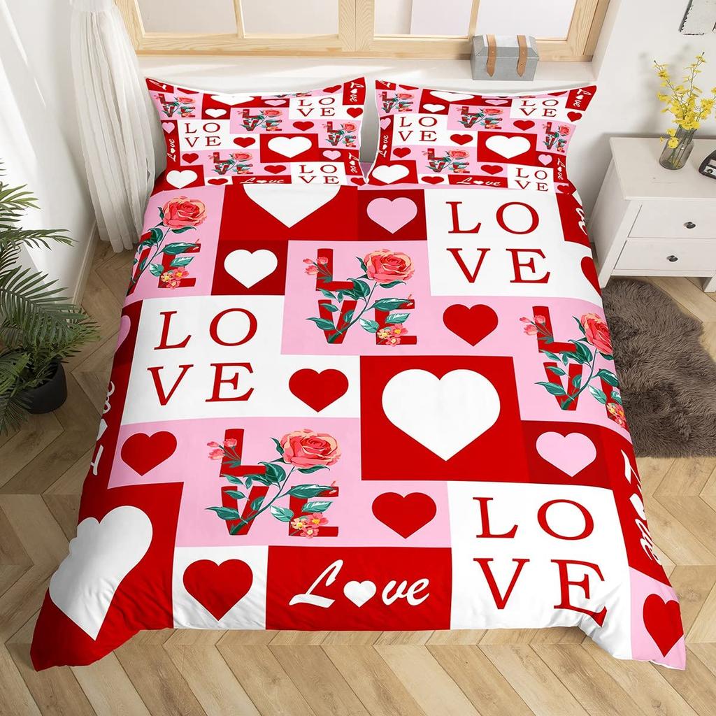 Red Hearts Soft Duvet Cover Set Quen Sized Dimensions, Red plus White Love Beding Set,Romantic Valentine Warm Comforter Cover Set,Couple Hearts Love