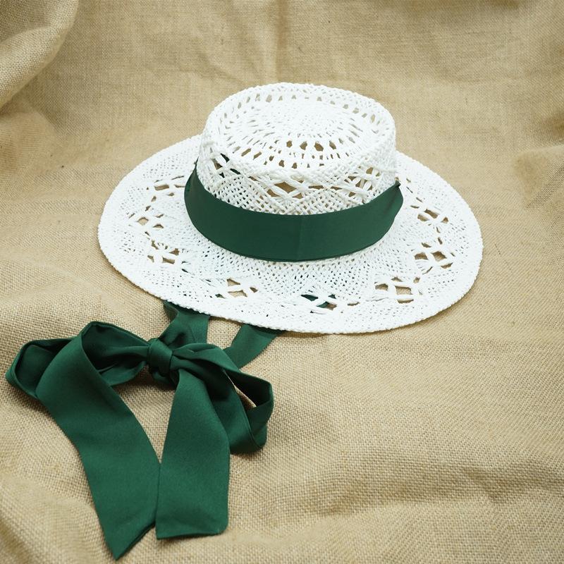 Japan Japanese French Retro Hollow Flower White Flat Top Top Hat Women'S Summer Sunshade Vacation Beach Straw Hat Outing