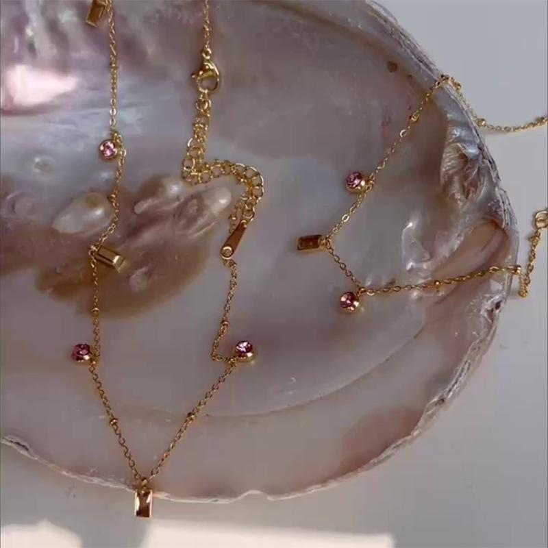 Elegant Pink Zircon Tassel Necklace - Titanium Clavicle Chain