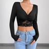 Women S Deep V Neck Long Sleeve Lace Patchwork Short T Shirt