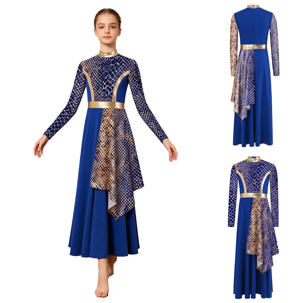 Kids Praise Dance Costume Mock Neck Long Sleeve Printed Asymmetrical Drape Hem Back Zipper Dress for Liturgical Worship Performance