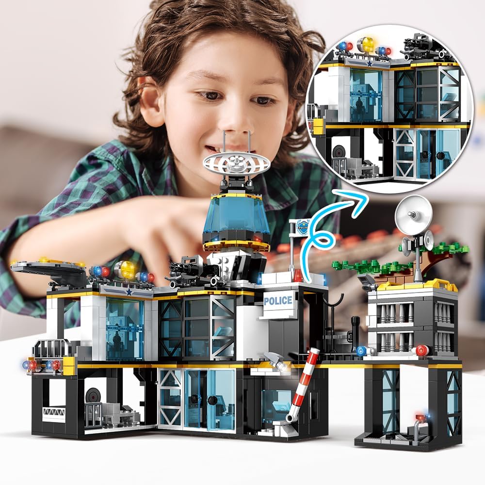 HOGOKIDS City Police Station Building Set - 1261 PCS Police Building Blocks Toys with Helicopter Motorcycle and 2 Cars, STEM Police Construction