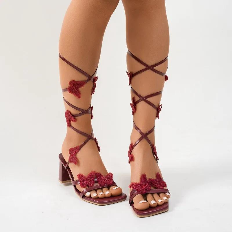 Fashion Women's Sandals Square Heel Ankle Strap Bow 7cm Heel High 35-42 Shoes Women Dress Fashion Lovely Square Toe Sandalias De Mujer