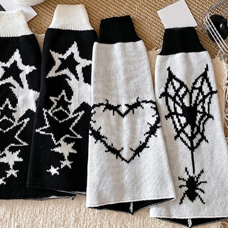 Reversible Knitted Long Tube Leg Warmers with Cute Cats Pattern for Women Punk Grunge Flared Boot Covers Footless Socks