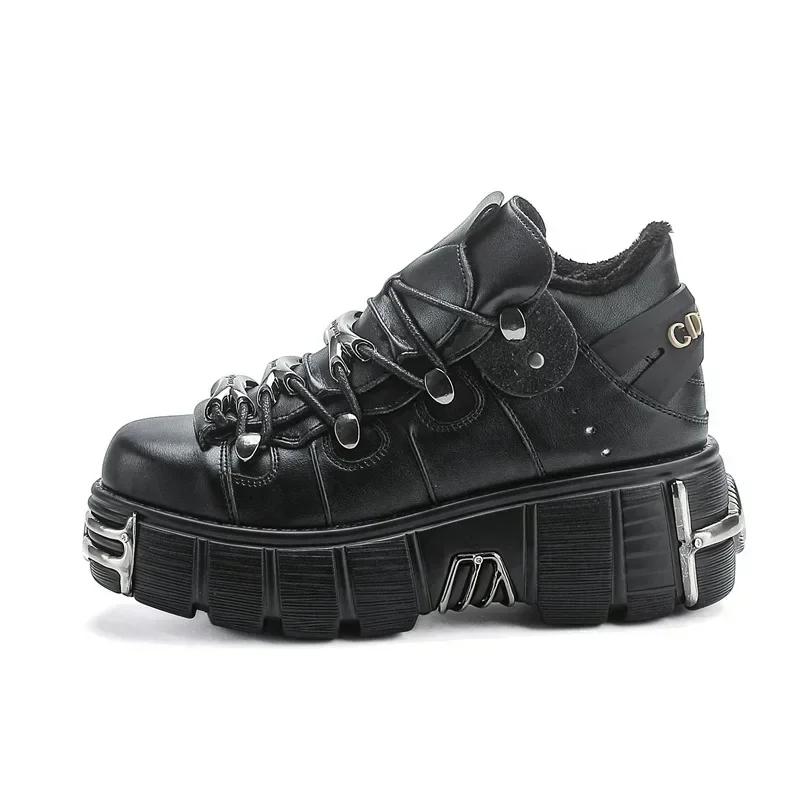 Fashion Sneakers Women NEW Punk Style Shoes Lace-up Heel Height 6CM Platform Shoes Gothic Ankle Rock Boots Metal Decor Woman Sneakers