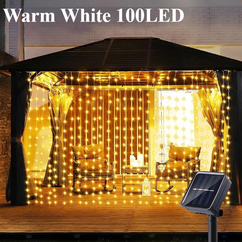 

300 світлодіодів сонячні завіси гірлянди відкритий водонепроникний сад прикраса фея гірлянда 8 режимів освітлення різдвяне освітлення Warm White 100LED