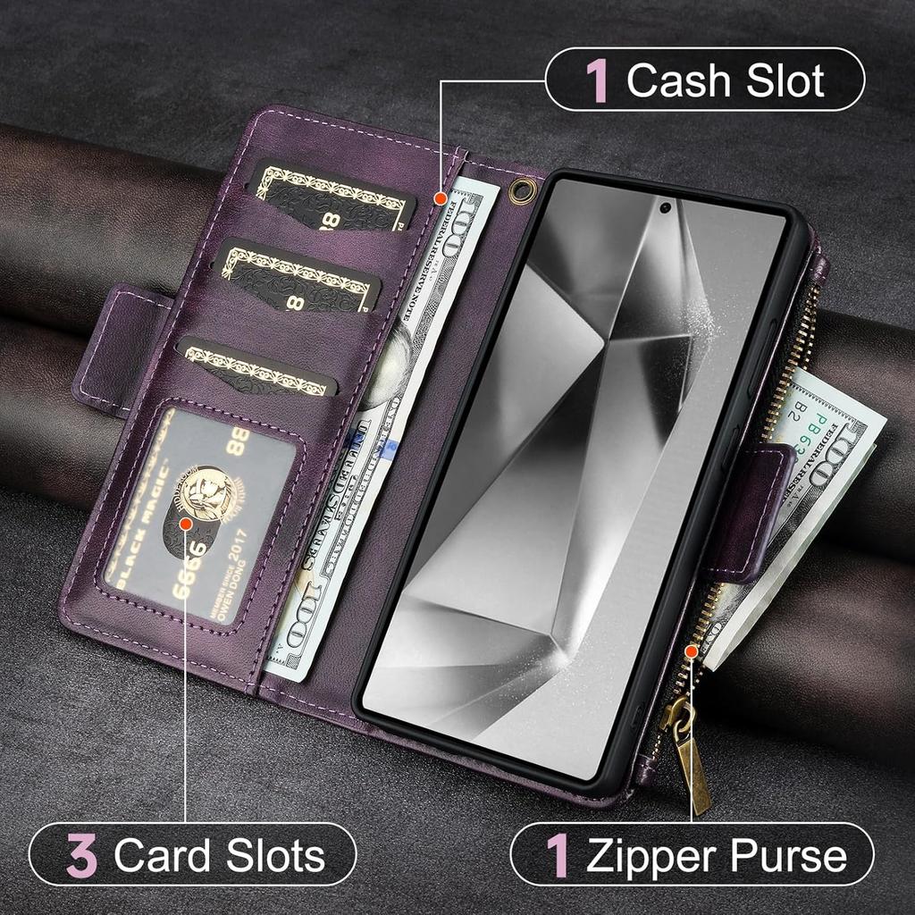 JGY Wallet Case for Samsung Galaxy S25 Ultra PU Leather Detachable Magnetic Wallet Case with Removable Minimalist Front Pocket 5 Card Holder Hand