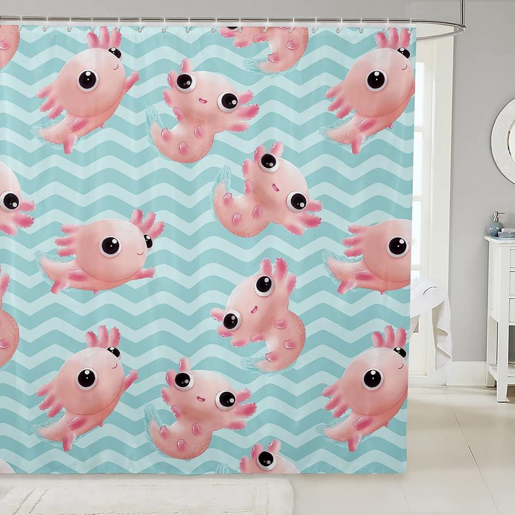 Süßer Axolotl-Duschvorhang, Kawaii-Cartoon-Salamander-Badezimmervorhang mit Haken, Wasserdichte Duschvorhänge für Badewannen-Dekor