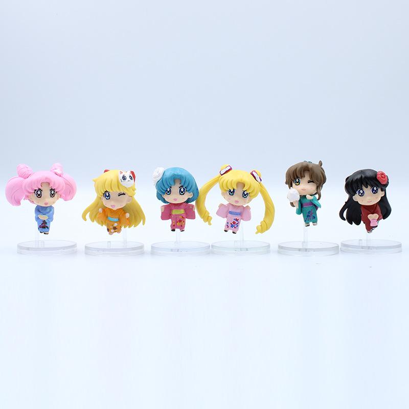 6PCS Anime Sailor MoonFigure Kimono Cartoon Figuarts Mini Kaiou Michiru Tomoe Hotaru Meiou Setsuna Playthings For Girls Model Dolls No box