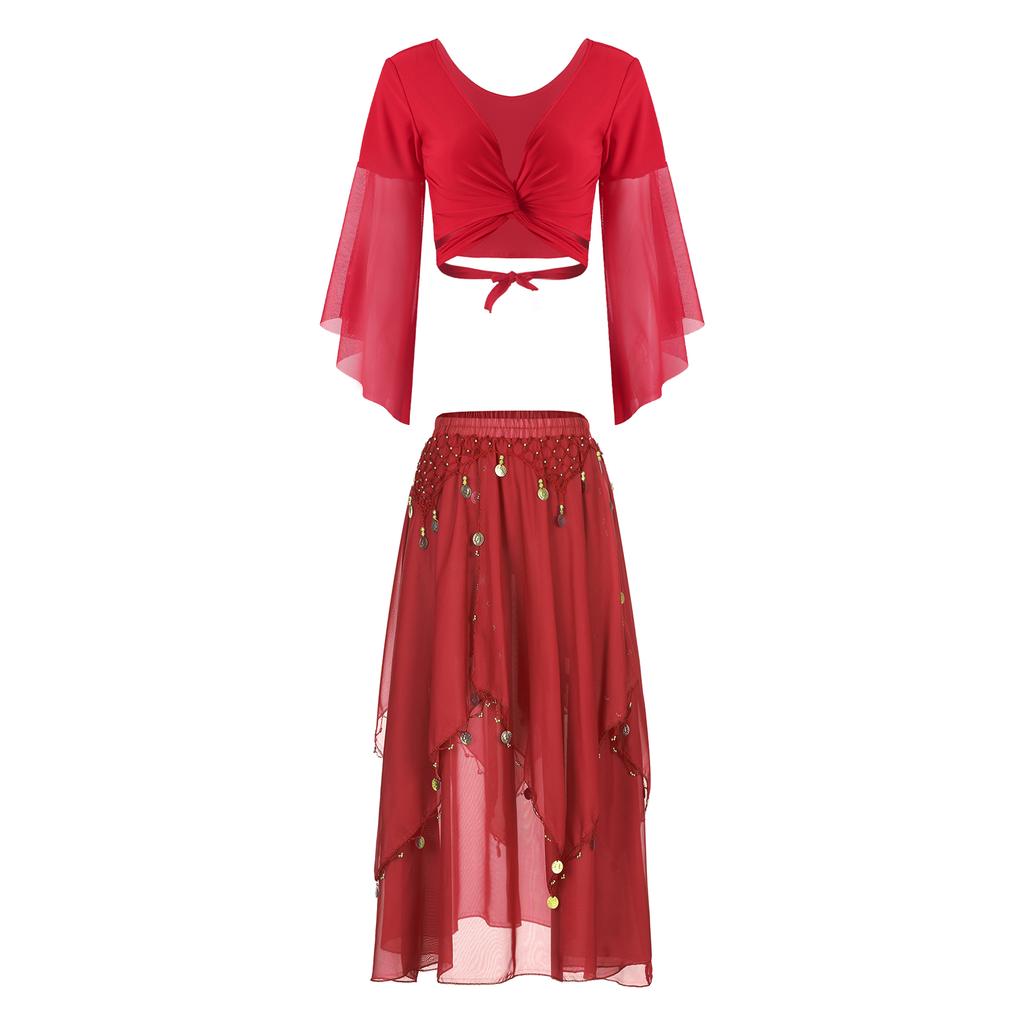 Damen Bauchtanz Kostüm V-Ausschnitt Schnürung 3/4 Tüll Glockenärmel Crop Top Pailletten Perlen Chiffon Rock