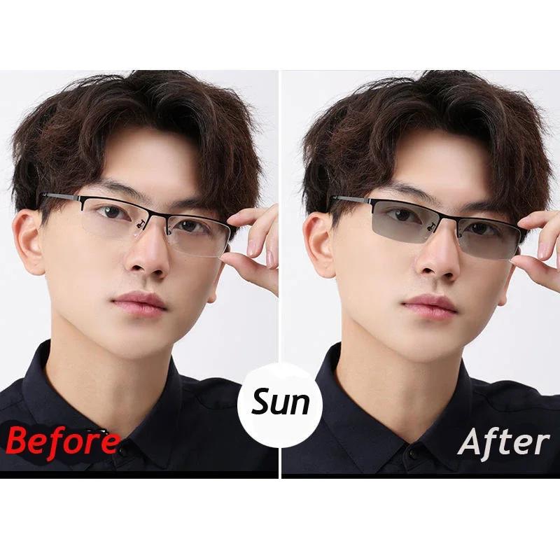 Color Changing Myopia Glasses for Men Anti Blue Light Ultra Light Business Half Frame Photochromic Eyewear Trendy