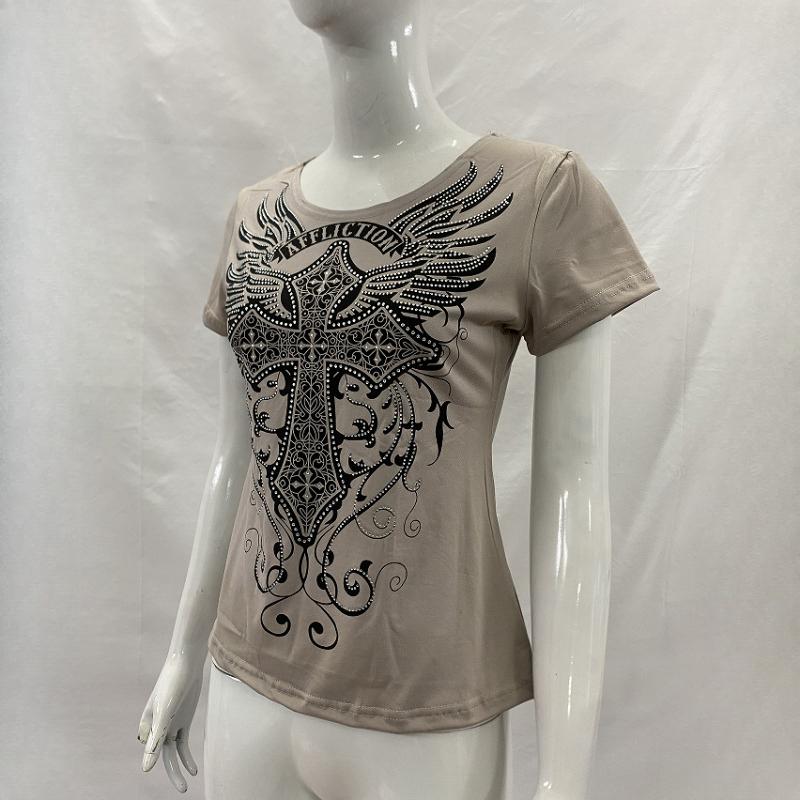European and American Summer Gray Hot Stamping Diamond Print Temperament Slim Fit Gothic Y2K Women's T-shirt