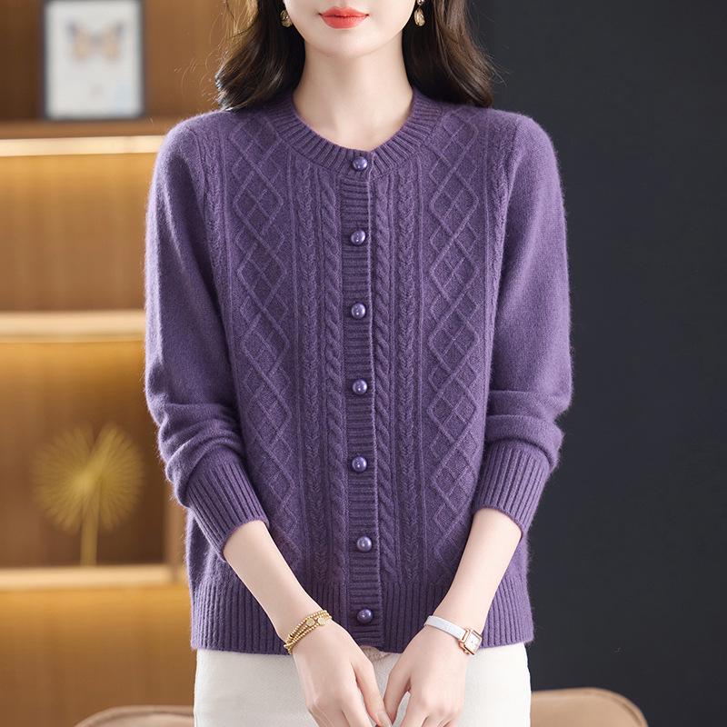 Women's Warm 100% Pure Wool Cardigan: Autumn/Winter Thick Knit Round Neck Sweater for Middle-aged & Elderly Moms