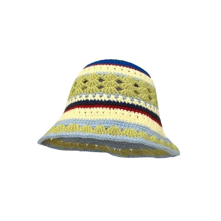 Cute Dopamine Wind Japanese Handmade Crochet Knitted Bucket Hat Rainbow Rhombus Plaid Wool Bucket Winter Basin Hat Bucket Hat