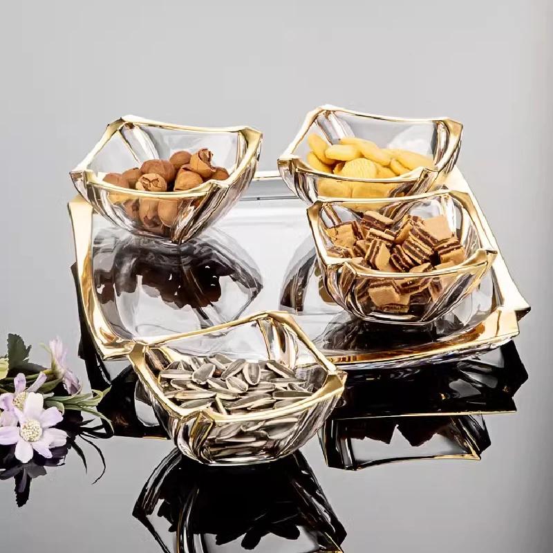 5PCS Glass Fruit Bowl Transparent Glass Bowl with Golden Side Square Bowl Living Room Coffee Table Candy Dried Fruit Snack Plate