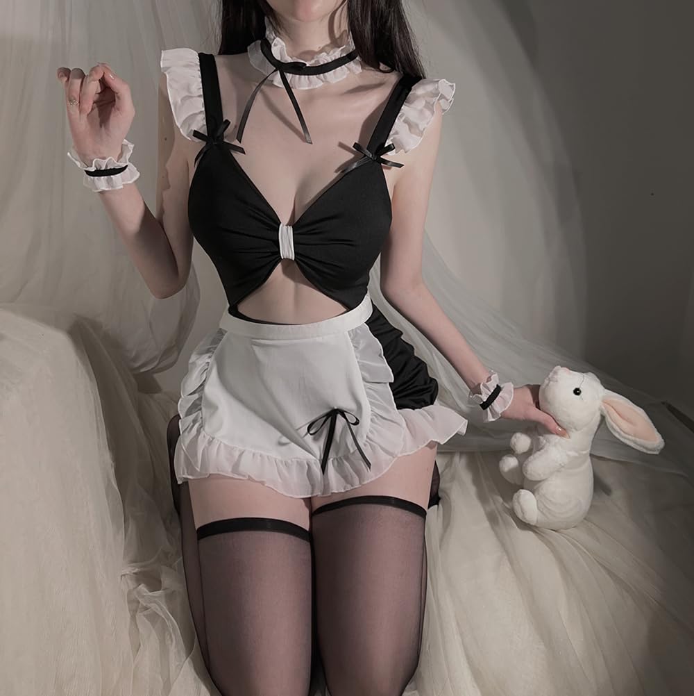 Cosplay Sexy Maid Aberto Extremamente Erótico Conjunto de Halloween [YUEEI] Uniforme, Peito, Preto, Rosa, Transparente, Ombro à mostra, Babados, Sexy, Avental, Fantasia,