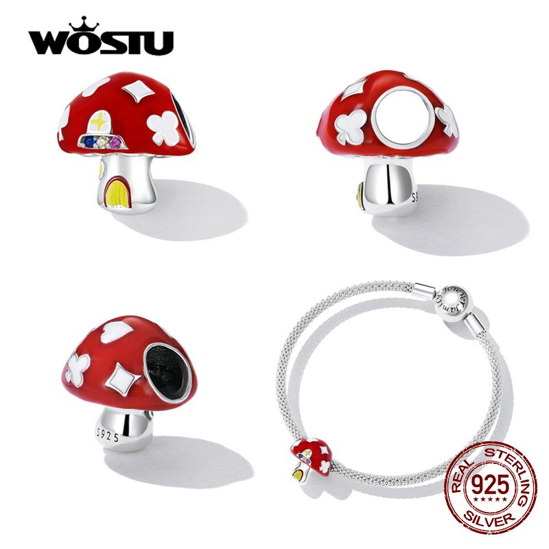 WOSTU Breloques en forme de champignon rouge en argent sterling 925 pour femme, adaptées aux bracelets originaux à faire soi-même, bijoux d'anniversaire, cadeaux