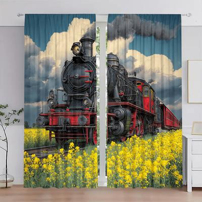 2pcs Set Polyester Fiber Material High-definition Digital Steam Train Print Blackout Curtains Suitable for Bedroom Living