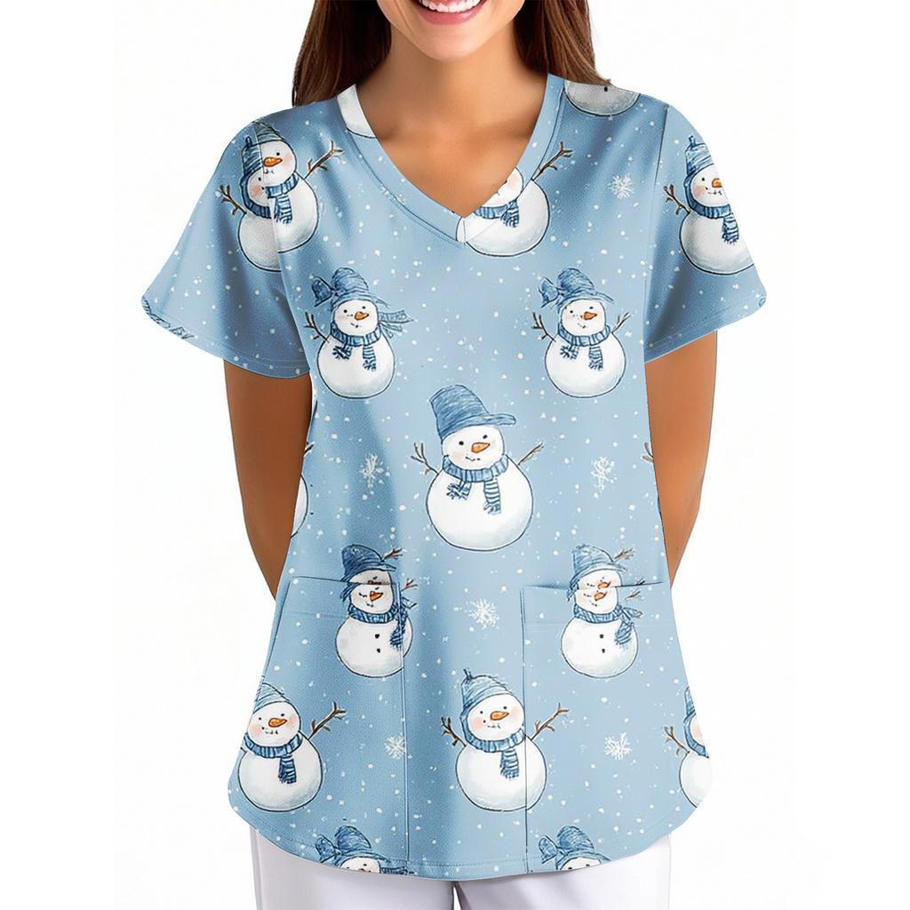 Plus SizePrinted Scrub Working Uniform Tops For Women's Cross V-Neck Print Short Sleeve Fun T-Shirts Workwear Tee With Pockets
