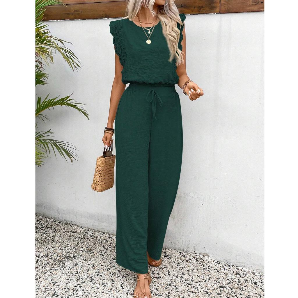 Women's Loose Casual Solid Color Ruffled Sleeve Round Neck Drawstring Pants Set