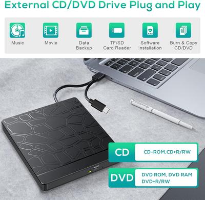 Externes CD-DVD-Laufwerk mit SD-TF-Steckplatz und USB-Anschlüssen, USB 3.0 Typ-C Tragbares CD-DVD +/-RW-Laufwerk Leser Brenner Rewriter für Laptop