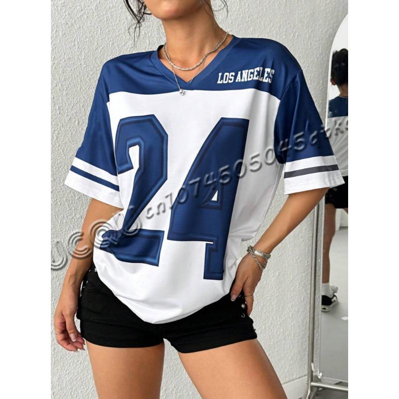 

Женская футболка с принтом номера 24 Лос-Анджелес, с V-образным вырезом и короткими рукавами, летняя футболка, бейсбольная майка, в полоску, большого размера, спортивная футболка M