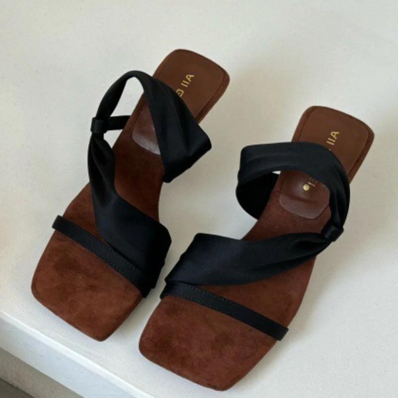Fashion Elegant Square Toe Narrow Band Designer Brand Sandal Women Fashion Shallow Wedges Sandal Women Concise Comfortable Slide Sandal