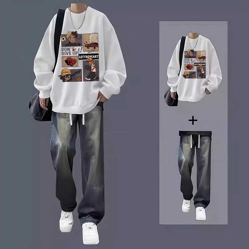 Men's Trendy Autumn/Winter Sweatshirt & Jeans Two-Piece Set for Teen Students