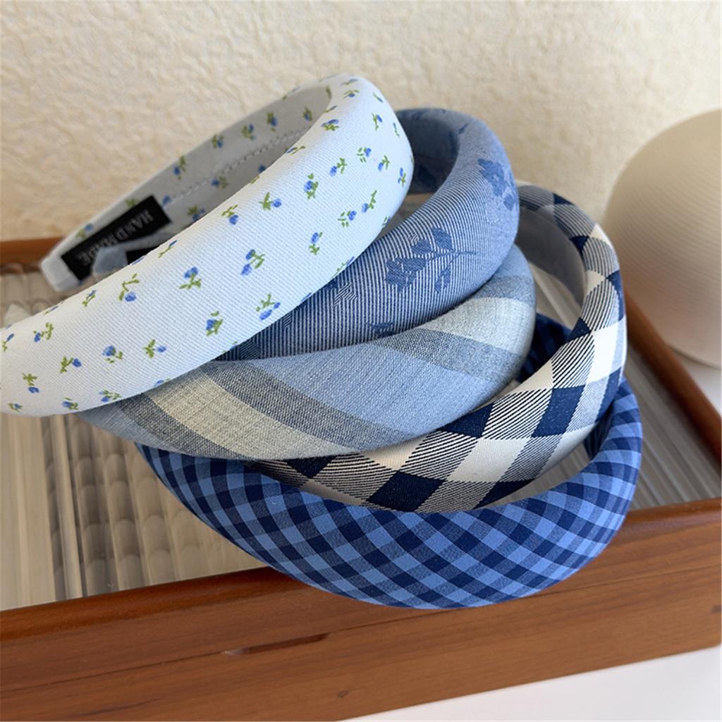 Breathable Sponge Blue Gingham Hair Band With Elegant Bows Decoration Stylish Hair Accessories For Teens Women