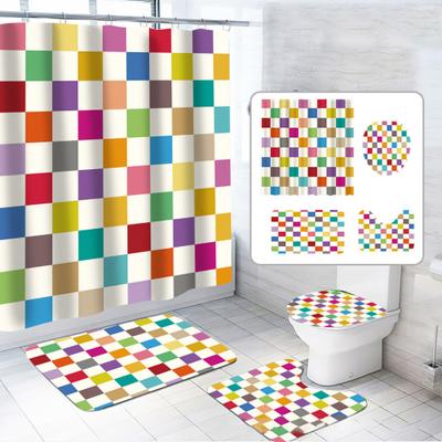 1 Set Shower Curtain with Multi Hooks Colorful Geometric Print Waterproof Prevents Moisture Escape