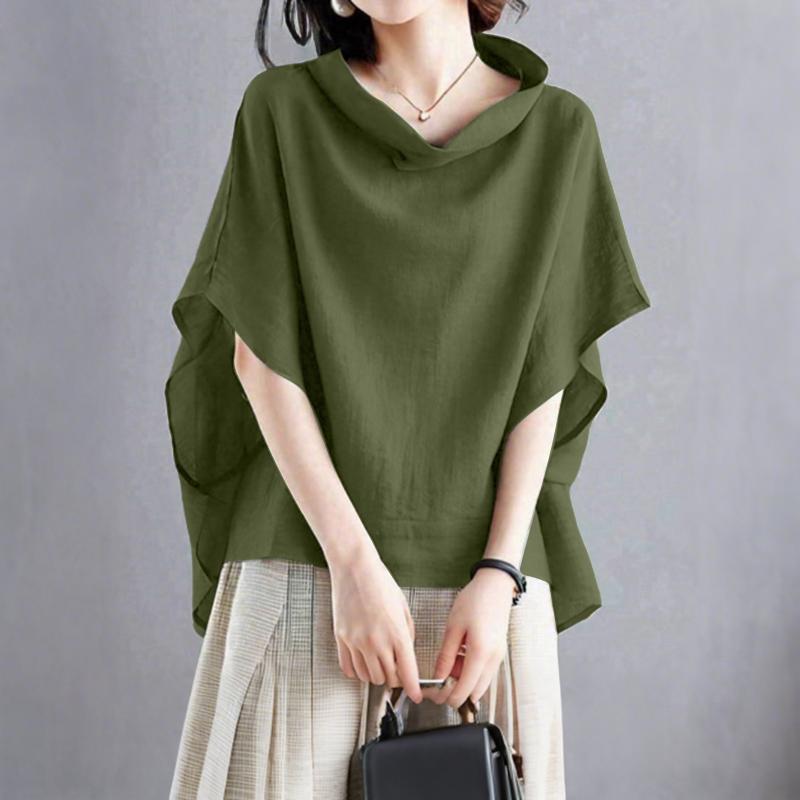 

ZANZEA Женская летняя блузка свободного кроя с воротником-стойкой и рукавами до локтя армия зеленый