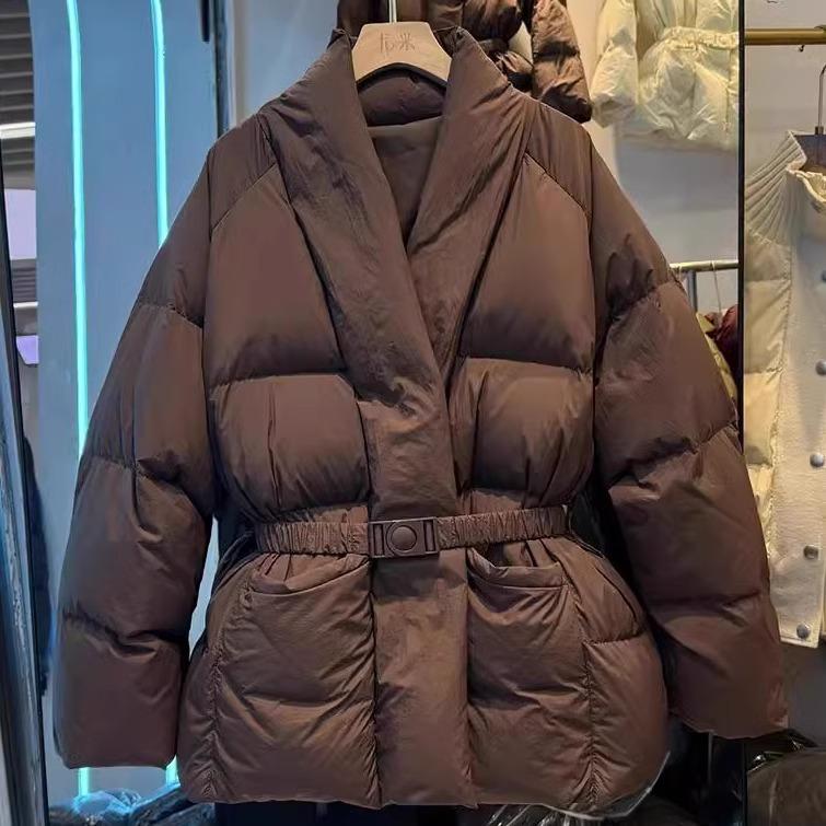Winter 2024 New Down Jacket Women's Medium and Long V-neck Waist Strap Chinese Design Duck Down Jacket