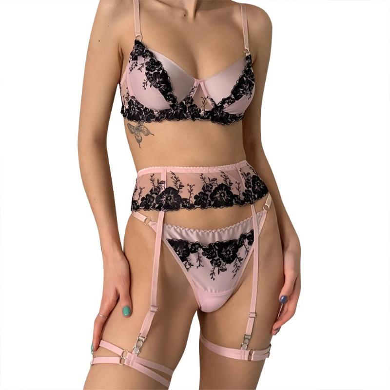 Sex Underwear Perspective Outfit Mesh Embroidery Contrasting Color Bra Sexy Temptation Set