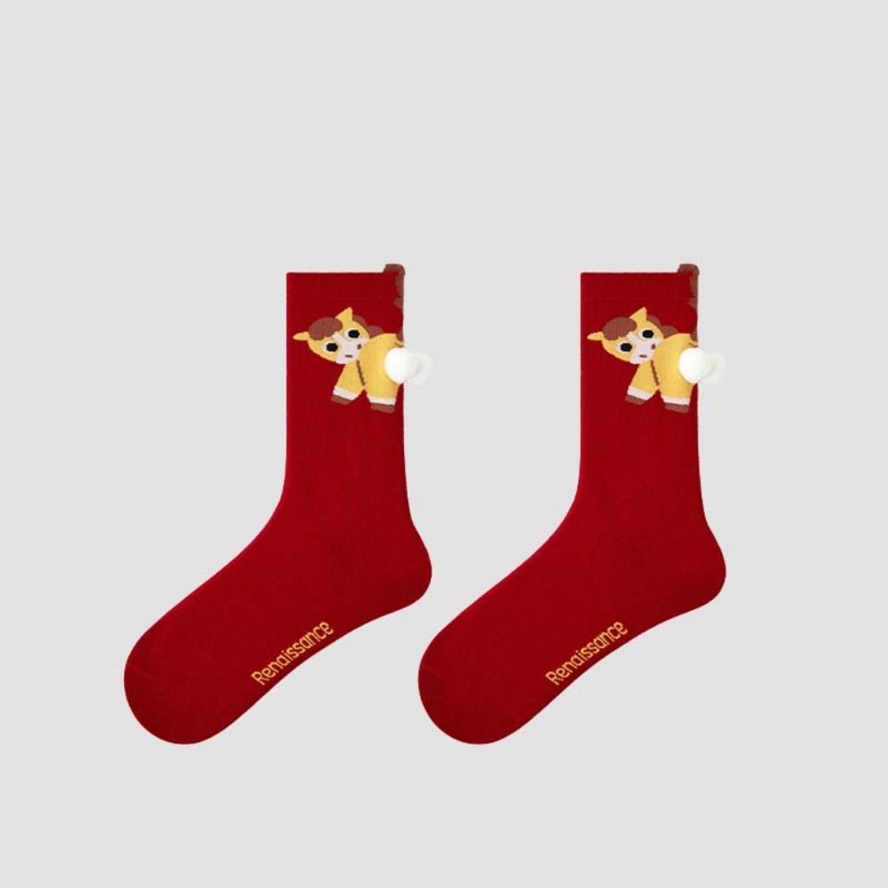 Cartoon Year of The Horse Socks Winter Autumn Red Tube Socks Cute Zodiac Year Socks Women