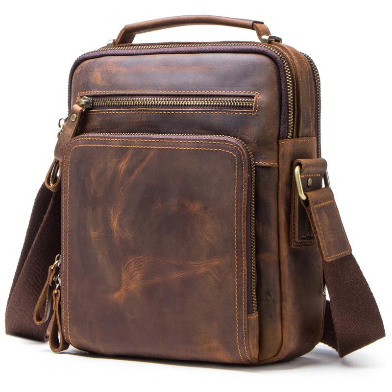 Neuer Eingang Herren Vintage Crazy Horse Rindsleder Echtleder Tasche Multifunktional Dual-Use Lässige Handtasche Schulter Crossbody Tägliche Umhängetasche
