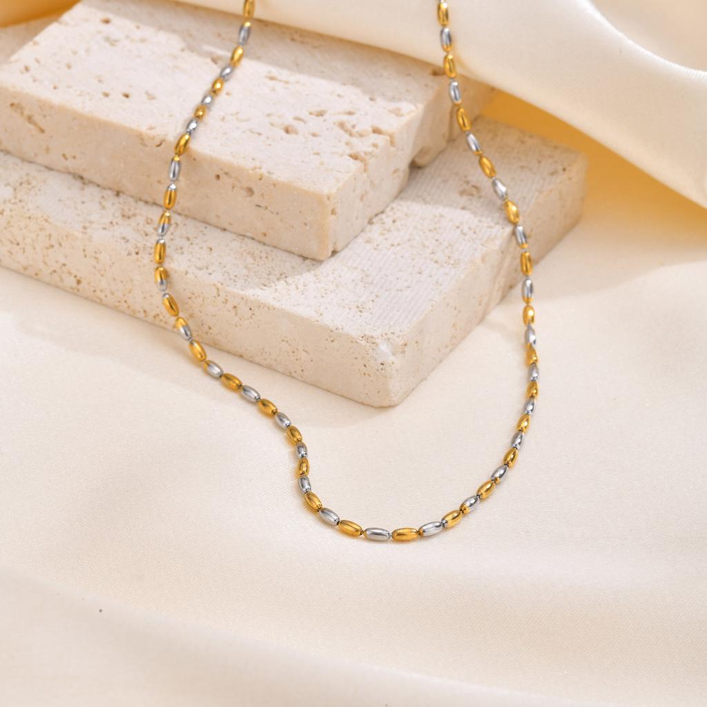 Two Tone Beaded Chain Necklace for Women,Stainless Steel Olive Bead Chain Necklace, 18K Gold PVD Plated,Fashion Jewelry Gifts