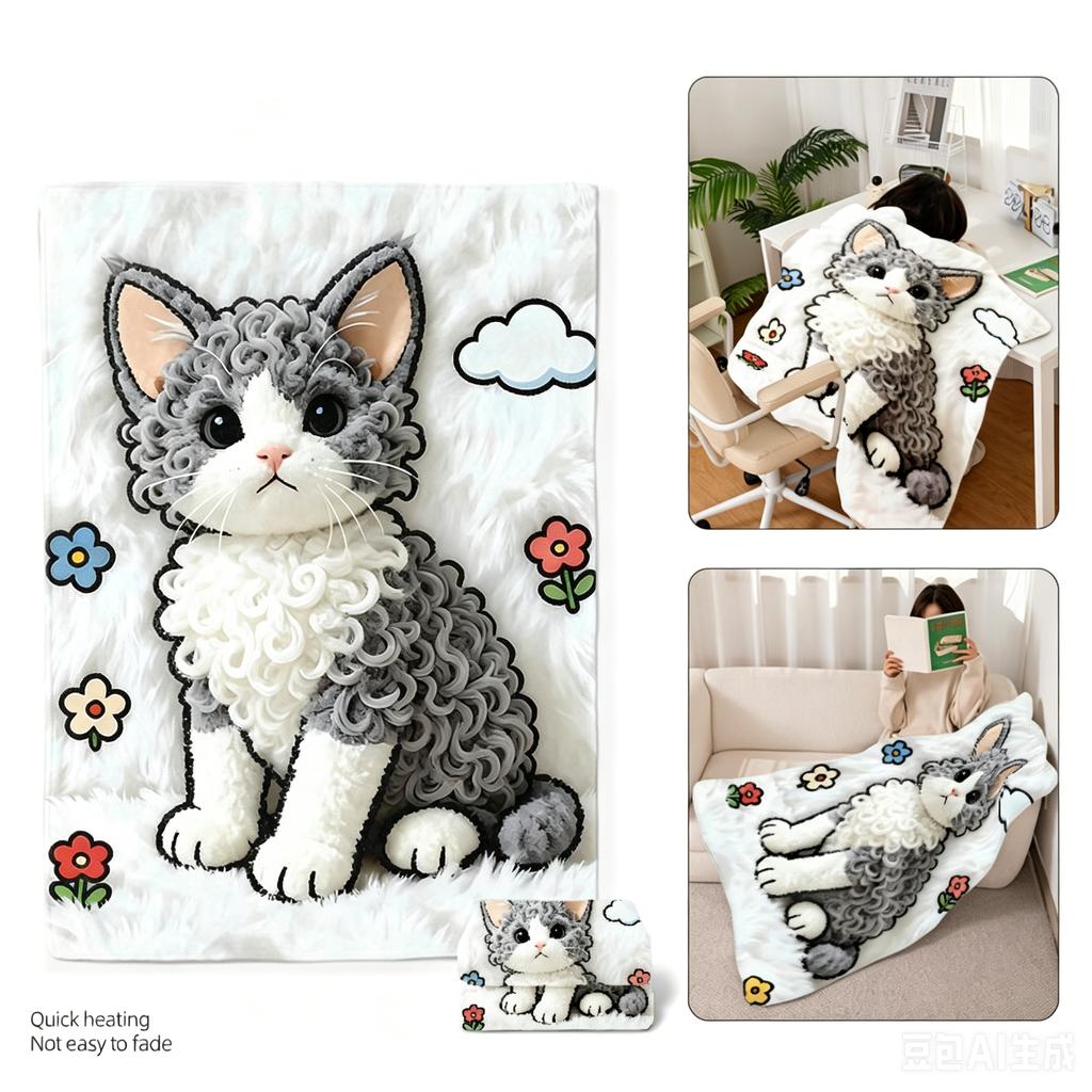 Cute 2D Cat Flannel Blanket, Soft Fuzzy Kawaii Kitten Throw Blanket, Cartoon Shark Hat Ragdoll Cat Nap Blanket for Sofa Office B