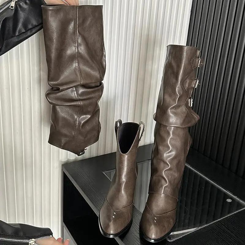 Two-Way Wear Detachable Belt Buckle Punk Pointed Toe Western Cowboy Boots Versatile Martin Boots Polyurethane Upper Rubber Sole