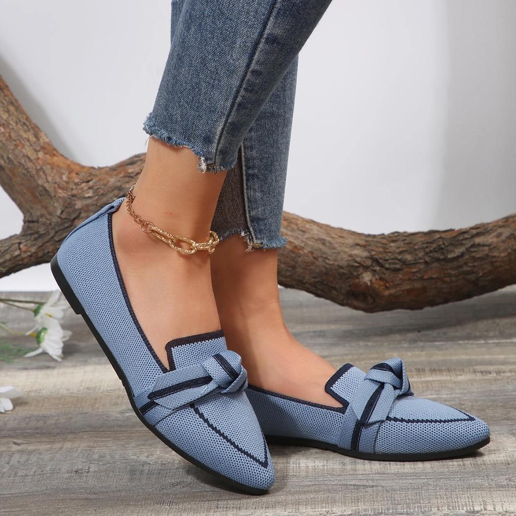 Women's Light comfortable Loafers Bow tie Ballet Flats Pointed Toe Soft Barefoot Flats Knitted Multicolor Casual Ballerina