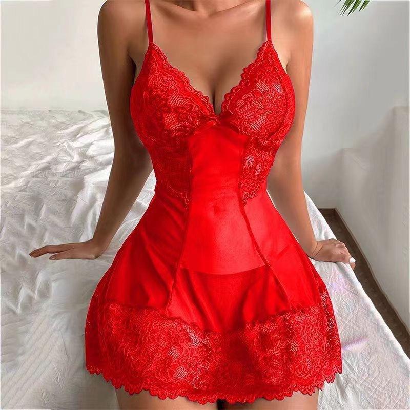 Europäische und amerikanische sexy Netzspitze sexy Unterwäsche Straps-Pyjama Loungewear sexy Nachthemd Damen