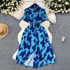 Šik Elegantní Potisk Jedlá Stromová Houba Krátký Rukáv Elegantní Zavinovací Límec Bodycon Šaty Módní Štíhlé Letní Šaty