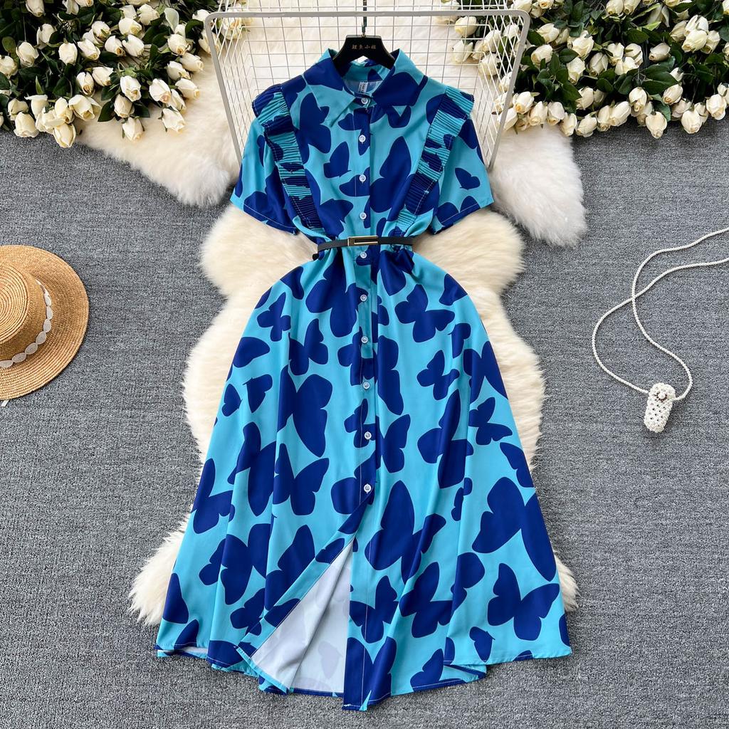 Šik Elegantní Potisk Jedlá Stromová Houba Krátký Rukáv Elegantní Zavinovací Límec Bodycon Šaty Módní Štíhlé Letní Šaty