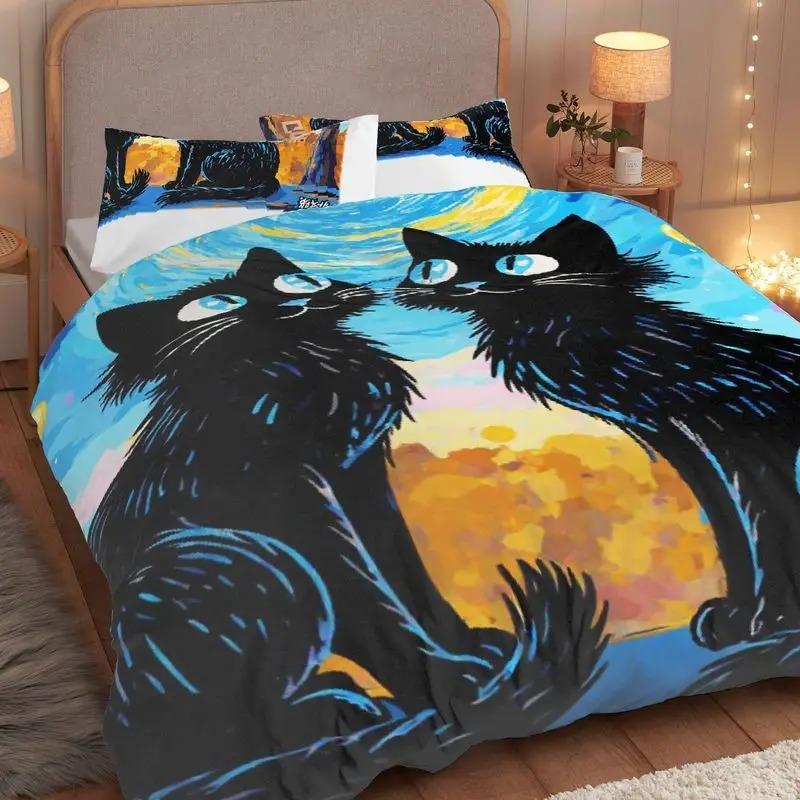 Cute Black Cat Starry Night Bedding Set 3D Print Duvet Cover Pillowcase Van Gogh Inspired for Teens Adults, Twin/Queen/King Size
